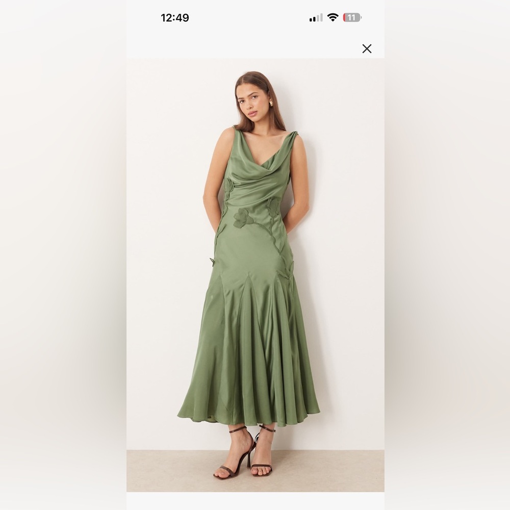 ASOS Olive Green Cowl-Neck Maxi Dress with Floral Appliqué